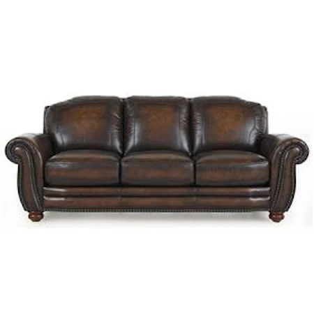 Traditional Three-Seater Leather Sofa with Rolled Arms and Nailhead Trim